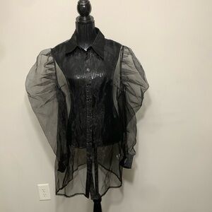 Black Sheer Button down Puff Long Sleeve Shirt
